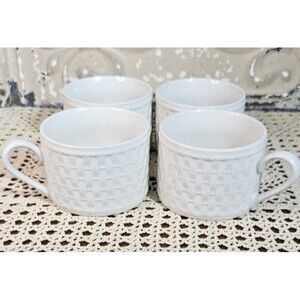 Set of 4 Oneida Waverly White Basket Weave Design Ceramic Flat Mugs Cups Handled